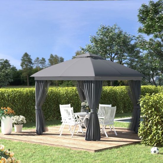 Foto: Garden pavilion pavilion 3 x 3 m tuintent met dubbele dak vouwt tent feesttent met 4 x zijde delen muggen muggen netto weerbestendig aluminium polyester