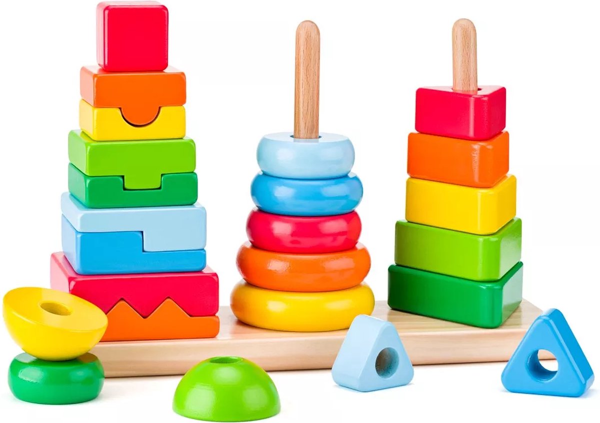 Woody - Stapel torens set - didactisch spelen - heldere kleuren - vormen herkennen - motorische ontwikkeling -