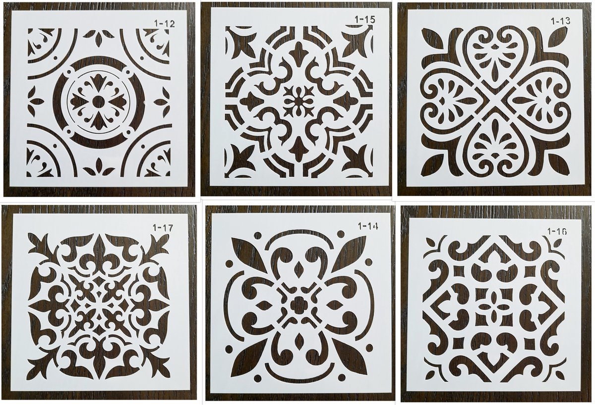 Stencil schilderen - sjablonen - 6 stuks - verven - mallen - stencils - mandala - patroontegel motief - decortegel motief - 15 x 15 cm - Merkloos