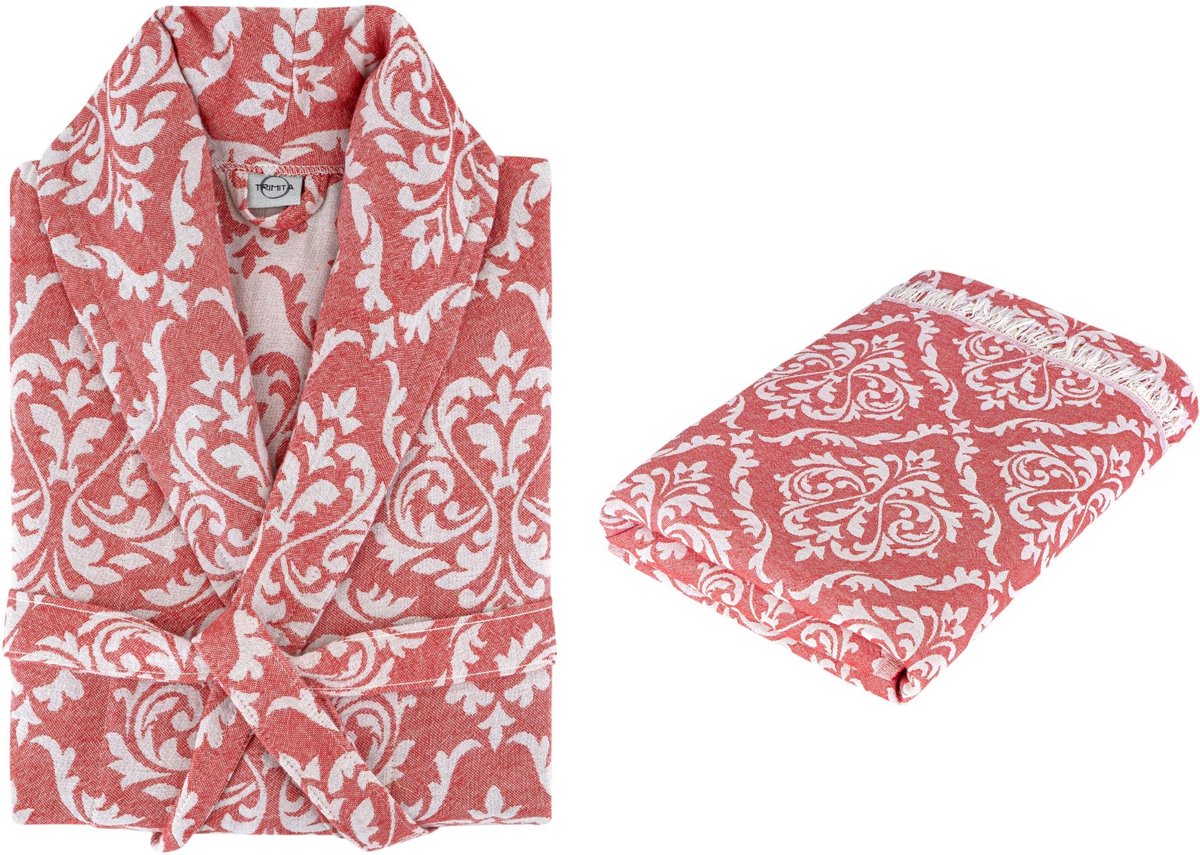 Combi Deal: Set van Trimita Barok - Badjas en Hamamdoek Set - 100% Turks Katoen - Heerlijk Zacht, Licht en Handgemaakt - Perfect voor Thuis, Sauna of Spa - Maat S/M - Rood