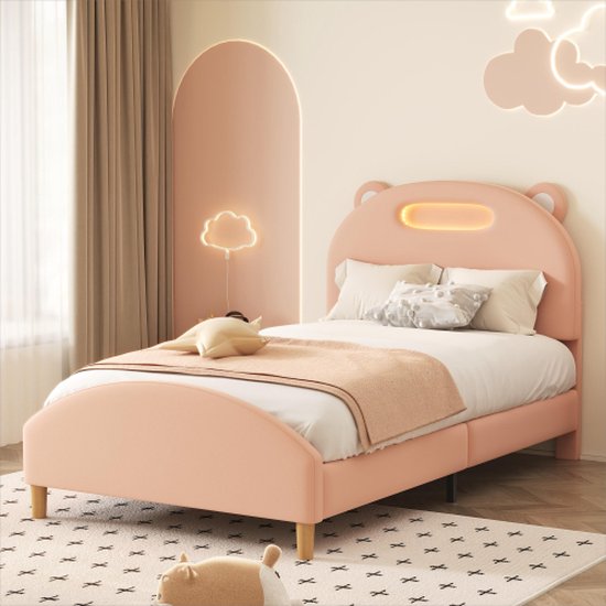Sweiko Lit simple, lit d'enfant, lit d'adolescent, lit rembourré avec bande LED, tête de lit avec tête d'ours amusante, avec sommier à lattes en bois, velours, kaki (90x200cm)