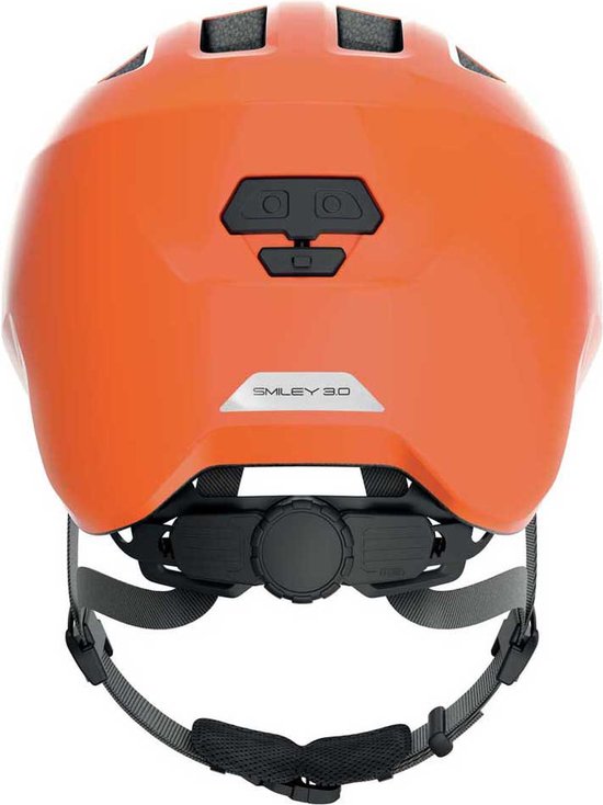 Oranje ABUS SMILEY 3.0 fietshelm, achterkant zichtbaar, met draaiknop en ventilatieopeningen.