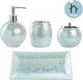 Ensemble d'accessoires de salle de bain en Verres épais en mosaïque fait à la main - avec distributeur de savon, Kom, porte-brosse à dents et porte-savon - Turquoise - 4 pièces