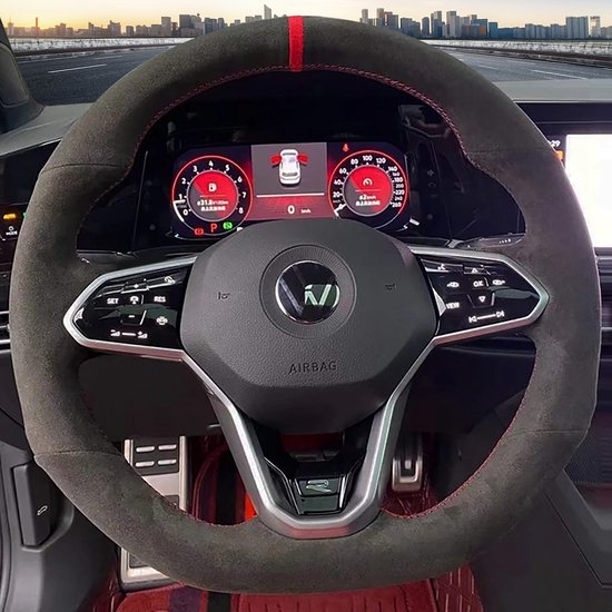 Alfanxi Handgestikt Italië voor Alcantara Materiaal Stuurhoes Wrap Compatibel met Tesla Model Y/3/S (Rode Streep