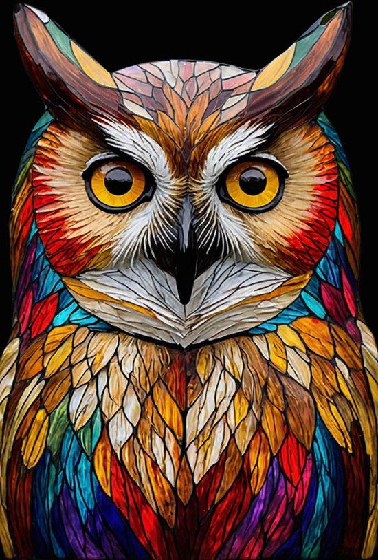 Vitrail Hibou - Peintures sur toile Glas- Peinture oiseau - Décoration murale rurale - Peintures sur toile - Accessoires de bureau - 40 x 60 cm 18mm