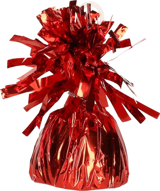 Rood ballon gewicht met glanzende strik-achtige versieringen.