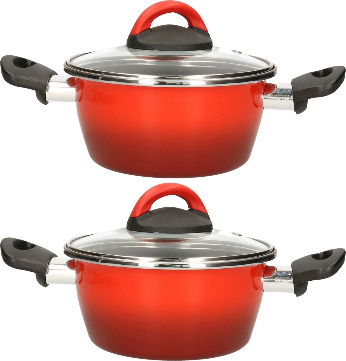Set van 2x stuks rvs rode kookpan/pannen Cuenca met glazen deksel 16 cm 1 liter