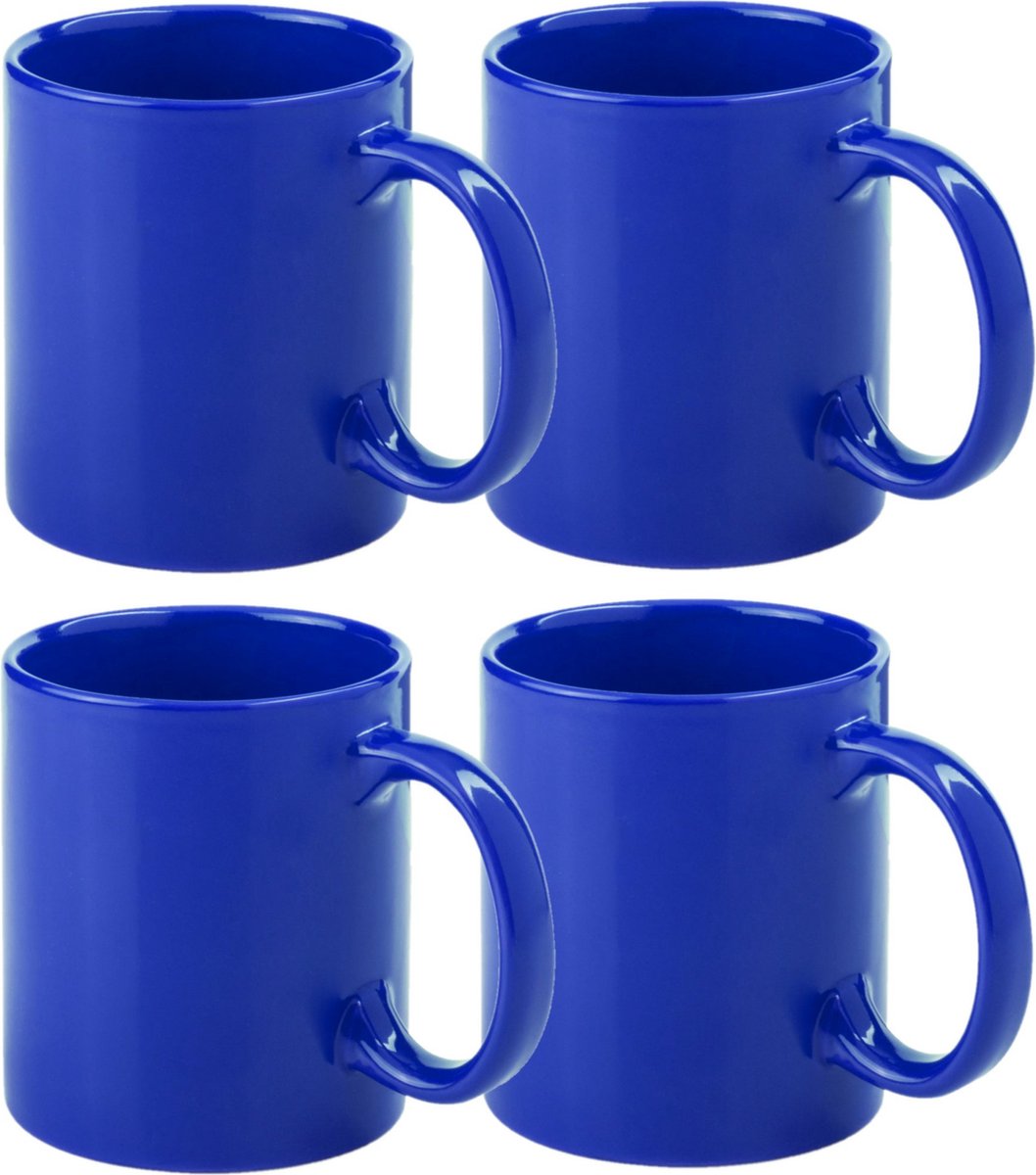 Bellatio Design Koffie mokken/bekers - 6x - keramiek - glans - met oor - blauw - 370 ml