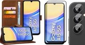 Hoesje geschikt voor Samsung Galaxy A15 - Screenprotector Volledig Dekkend Glas & Camera - Portemonnee Book Case Bruin