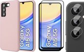Hoesje geschikt voor Samsung Galaxy A15 - Screenprotector Volledig Dekkend Glas & Camera - Mat Back Case Roze