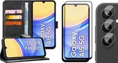 Hoesje geschikt voor Samsung Galaxy A15 - Screenprotector Volledig Dekkend Glas & Camera - Portemonnee Book Case Zwart