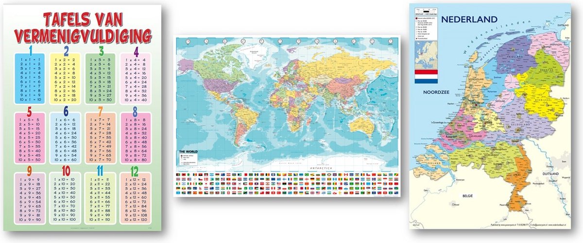 Posterpoint Nederland kaart + Tafel van vermenigvuldiging + Wereldkaart poster - Set van drie posters - Educatieve posters - 50 x 70 cm multicolor
