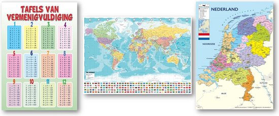 Nederland kaart + Tafel van vermenigvuldiging + Wereldkaart poster - Set van drie posters - Educatieve posters - 50 x 70 cm
