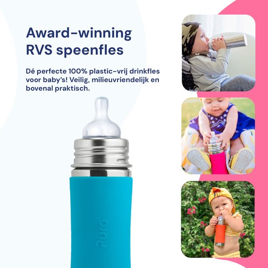Pura Speenfles 325 ml - Plasticvrij - Drinkfles - Voorkomt Maagkrampen - Vaatwasserbestendig - Inclusief Siliconen Speen, Reisdop en Sleeve - Top is Verwisselbaar - Veelzijdig - Aqua van Merkloos — afbeelding 2