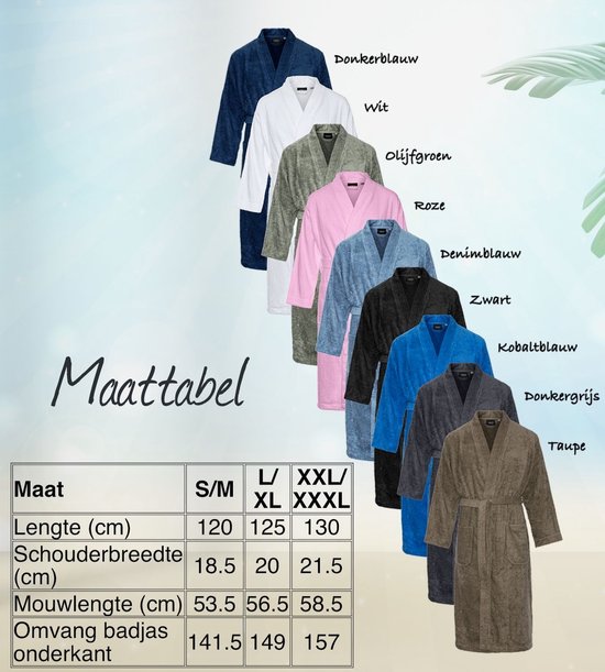 Une rangée de peignoirs de différentes couleurs : bleu foncé, blanc, vert olive, rose, bleu denim, noir, bleu cobalt, gris foncé et taupe. Tableau des tailles.