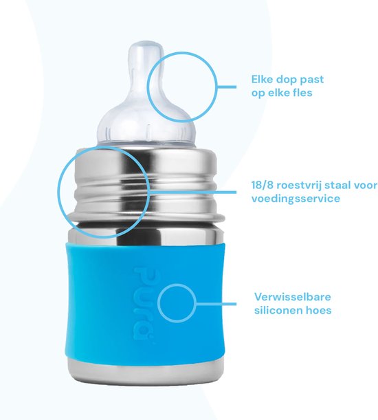 Pura Speenfles 150 ml - Plasticvrij - Drinkfles - Voorkomt Maagkrampen - Vaatwasserbestendig - Inclusief Siliconen Speen, Reisdop en Sleeve - Top is Verwisselbaar - Veelzijdig - Aqua van Merkloos — afbeelding 5