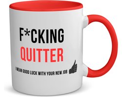 Akyol - fucking quitter i mean goodluck with your new job koffiemok - theemok Rood - Quotes - iemand die ontslag neemt - collega's - werknemers - verjaardagscadeau - verjaardag - cadeau - afscheidscadeau - geschenk - leuke cadeau - 350 ML inhoud