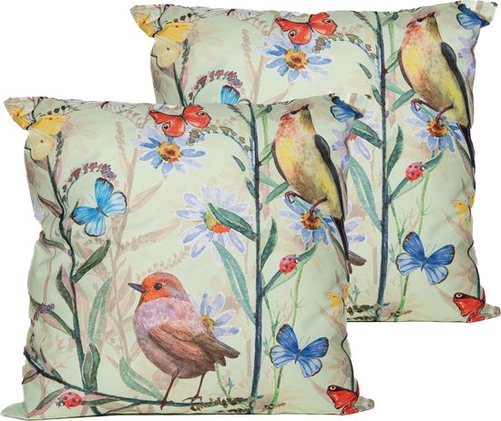 Anna's Collection Sierkussen voor binnen en buiten - 2x - vogels - lichtgroen - 45 x 45 cm - tuinkussen