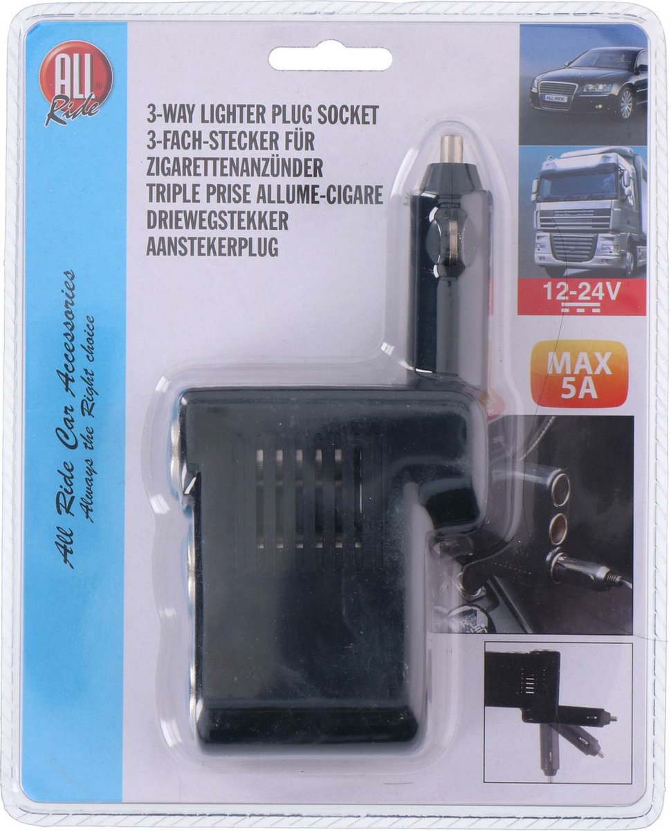 Dunlop Auto 3-weg verdeelstekker - aansteker ingang aansluiting - zwart - 12/24V - 1 naar 3 sockets - accessoires