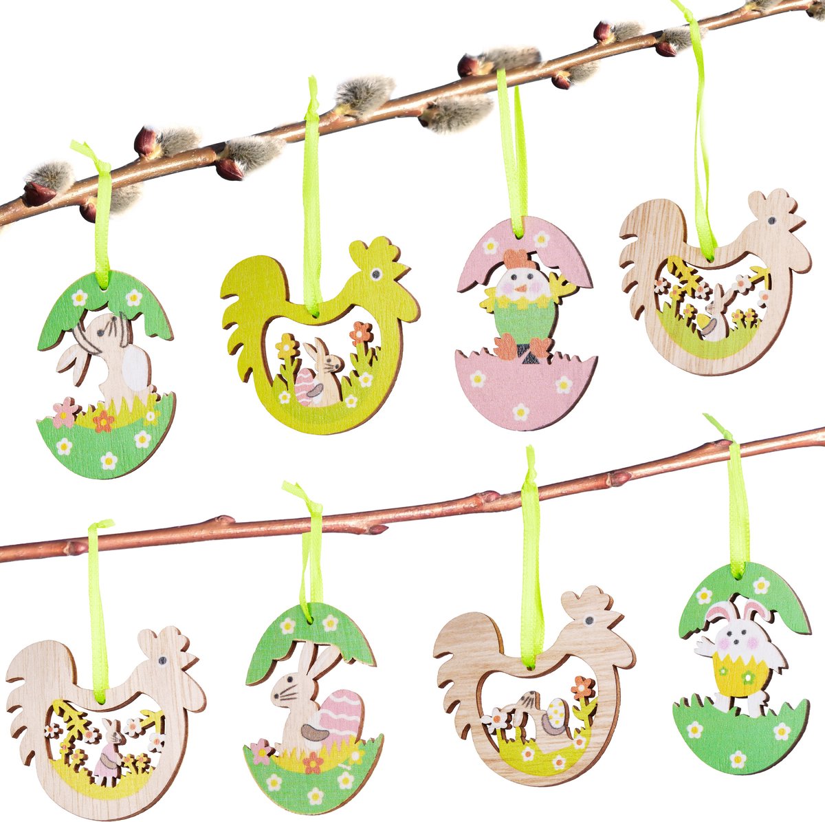 Brubaker 24-delige decoratieve hanger Pasen - houten hanger ca. 6 cm - Paaseieren, Paashazen en Kippen decoratieve hanger - houten decoratie paashanger voor doe-het-zelf knutselen, paasfeesten of andere lentedecoraties