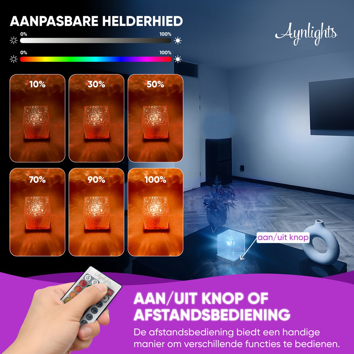 Aynlights® - 2025 - Wave Cube Projector - HOUT VERSIE - Noorderlicht Projector -Cube Lamp - Draadloos Model - Crystal Lamp - Luxe- Wave Lamp - Wave Cube - Ripple Light - Ocean Projector - Aurora - Sterren Projector - 1 JAAR GARANTIE – foto 4