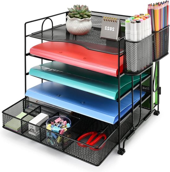 Kantoorbureau-organizer met 5 lades en extra lade - 2 pennenhouders - Gaas kantoorbenodigdheden voor thuis - Bureau-organizer bak voor papieren en brieven Desk Organizer