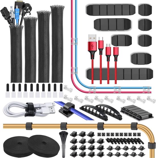 Foto: Cable management organizer kit met 6 wire sleeves en 42 zelfklevende kabelklemmen kabelorganisatie set met 10 riemen en 2 roll self adhesive tie inclusief 100 kabelbinders desk organizer