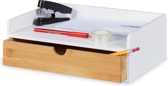 Relaxdays bureau organizer, 1 lade, 9 vakken, HBD: 10x25x15,5 cm, bamboe opbergbak kantoor, thuiswerkplek, natuur/zwart
