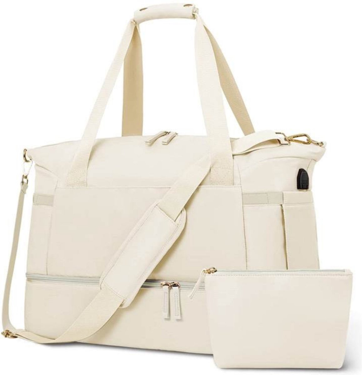 Pazzo Goods Sporttas Luna – Sporttas Dames – Reistas - Weekendtas – 47x40x22cm, 41.3L – Beige – USB oplaadpoort – Schoenenvakje - Perfect voor Reizen