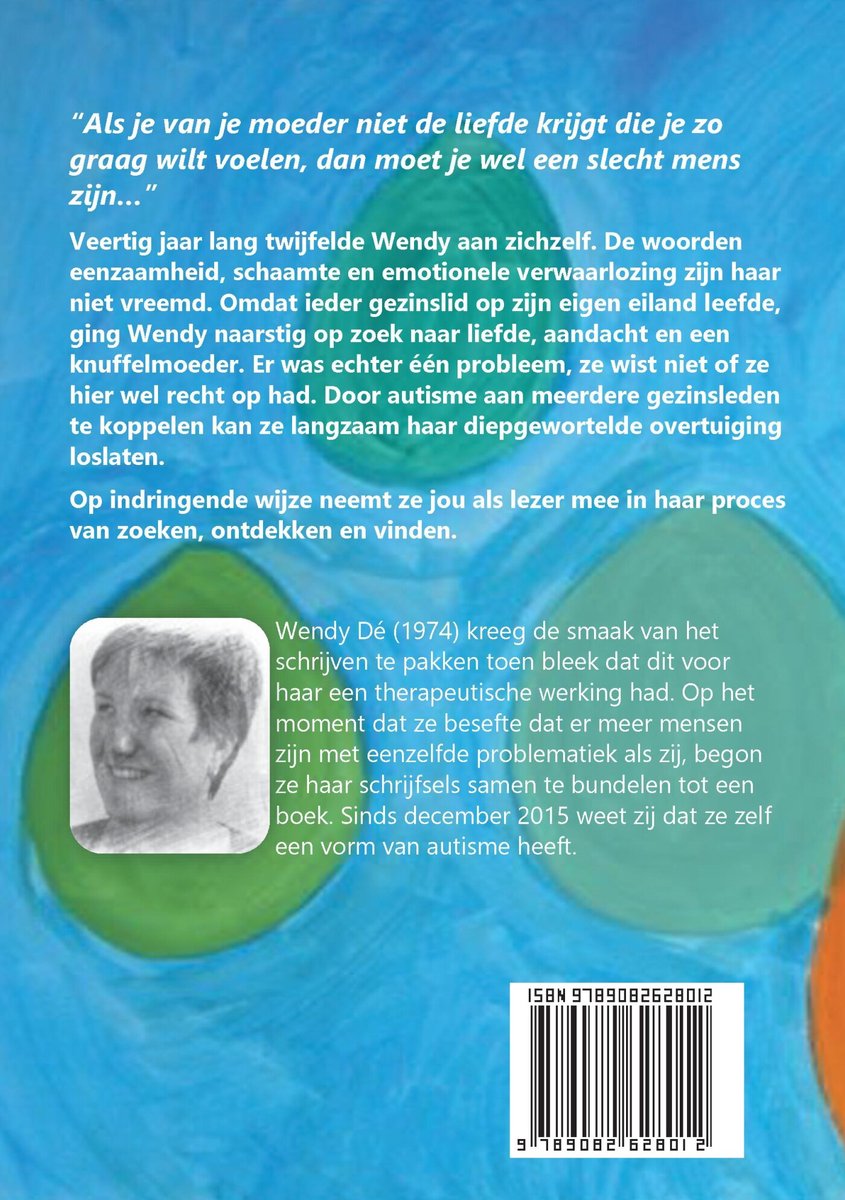 Achterkant van het boek "Ik zoek..." met tekst en een foto van een vrouw.