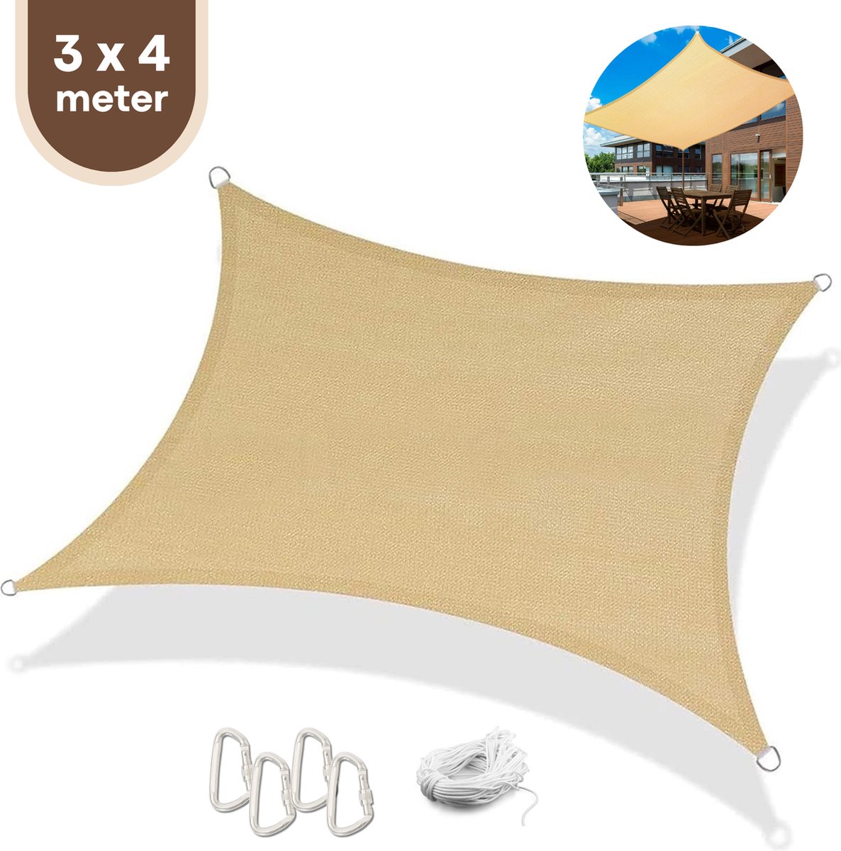 FOXLY® Schaduwdoek Rechthoek 3 x 4 Meter Crème - HDPE Materiaal - Incl. Touw en Karabijnhaken - Schaduwdoeken - Schaduwnet - Zonwering