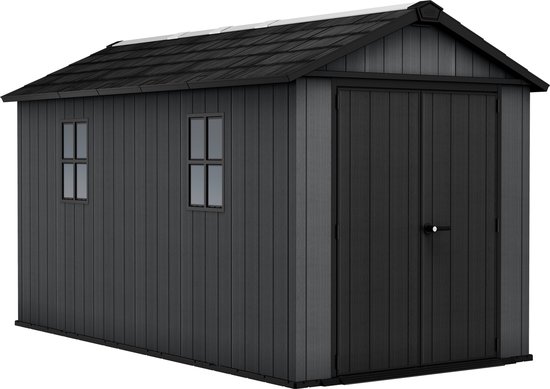 Donkergrijs tuinhuis met zwarte deuren, zwarte dakshingles en twee ramen.