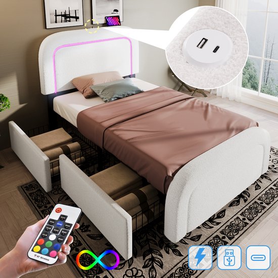 Sweiko Bedframe met USB Type C oplaadfunctie LED verlichting en 2 lades, eenpersoonsbed gestoffeerd bed 90x200cm, in hoogte verstelbaar hoofdeinde, houten lattenbod, Sherp, Wit (zonder matras)