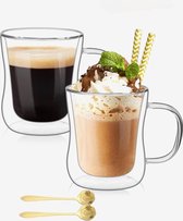 Dubbelwandige Koffieglazen Met Oor Met Gratis 2x Goud Lepels - Latte Macchiato Glazen - 250ML - Dubbelwandige Theeglazen - 2x - Cappuccino Glazen