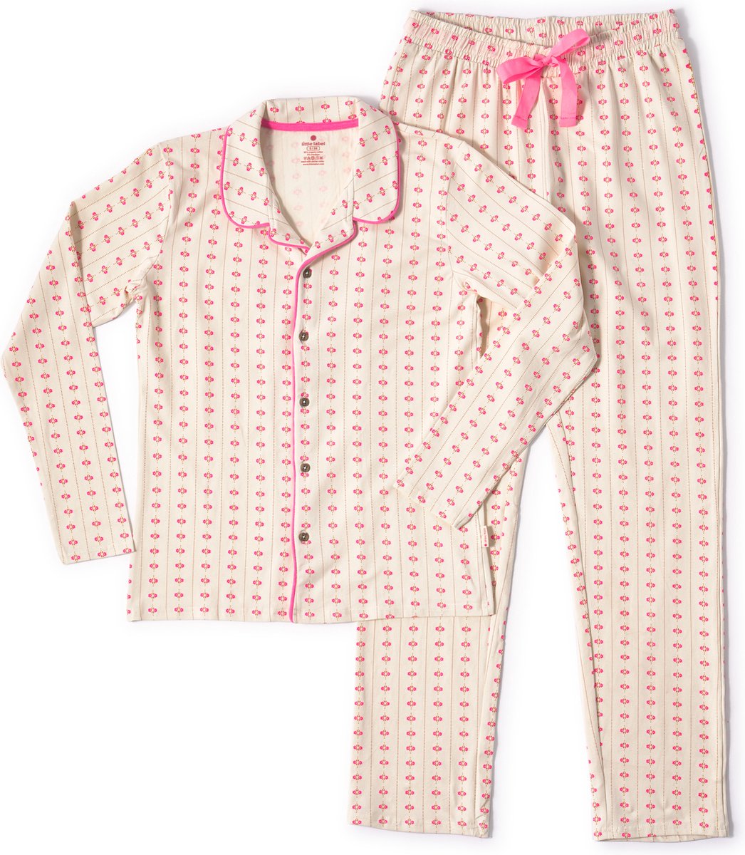 Little Label - dames pyjama - wit bloemetjes verticaal - L/40-42 - Zachte BIO Katoen