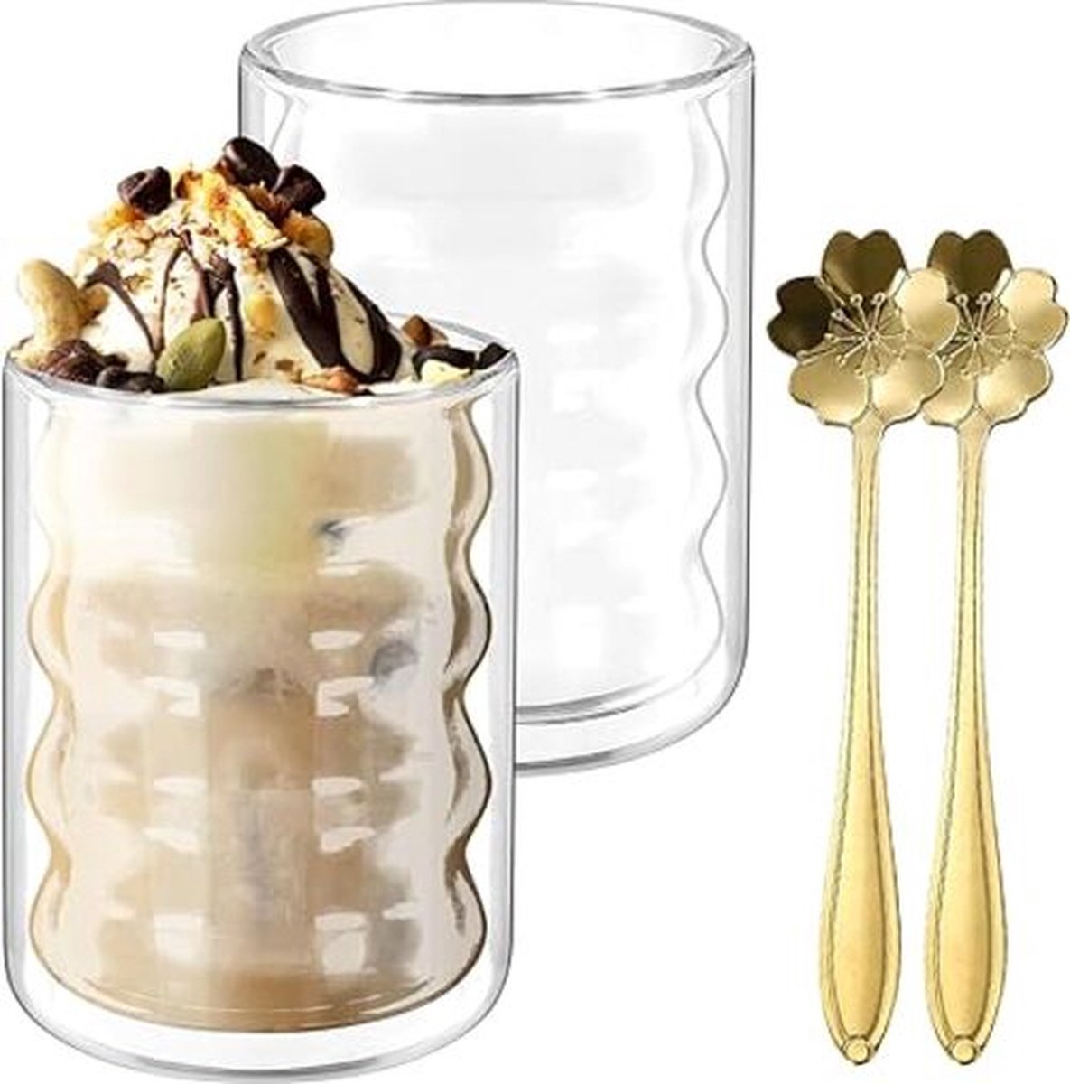Latte Macchiato-glazen, 2 stuks dubbele koffiemok, 350 ml, geïsoleerd glas, theebeker, espressobeker met 2 lepels