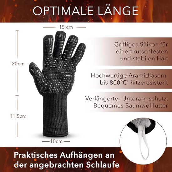 Grillhandschoenen Aramid ovenwanten hittebestendig tot 800 °C, bakhandschoenen, ovenhandschoenen, BBQ-handschoenen, universele maat, zwart