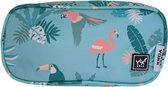 YLX Gear & Freek Vonk Sprout etui | Licht blauw & tropische vogels | Pennenetui, etui, schoolspullen | dieren, flamingo, toekan| k, papagaai | Kinderen, meisjes, dierenprint, flamingo