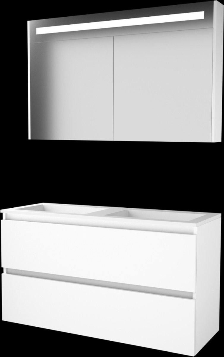 Basic Premium 46 badmeubelset met spiegelkast met geïntegreerde LED verlichting, greeploze onderkast met 2 lades en acryl wastafel zonder kraangaten