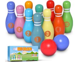 Pink Papaya Kegelspel voor Kinderen, 12-Delig Houten Kegelspel voor Jongens en Meisjes, Binnen- en Buitenspeelgoed