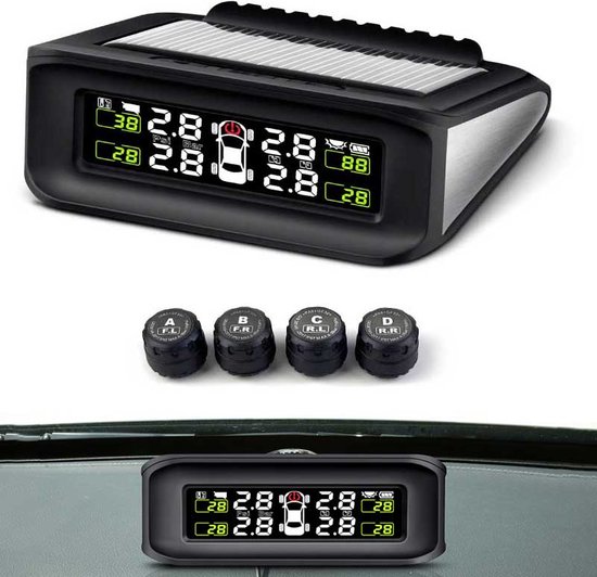 Foto: Zeerkeer bandenspanningsmeters tpms met 4 sensoren en scherm autogereedschap bandenspanningscontrolesysteem bandenspanning en temperatuur tyre pressure monitoring system usb en zonne energie opladen voor auto s of andere machines