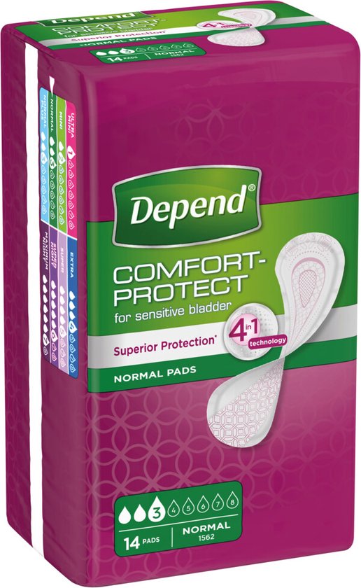 Verpakking Depend Comfort-Protect Normal Pads voor gevoelige blaas, 14 stuks, met 4-in-1 technologie.