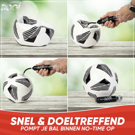 Vier beelden van een voetbalpomp die een voetbal oppompt. Snelle en effectieve pomp.