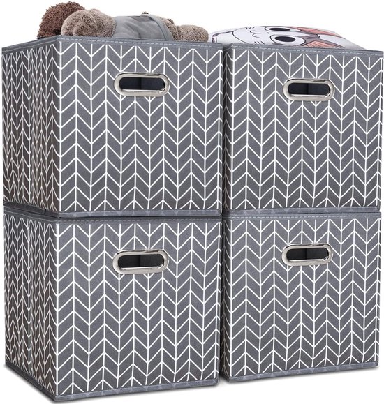Set de 4 boîtes de rangement, boîte de rangement pliable et tissu doux en forme de cube, panier de rangement avec poignées, idéal pour étagères, placards, 28 x 28 x 28 cm, gris