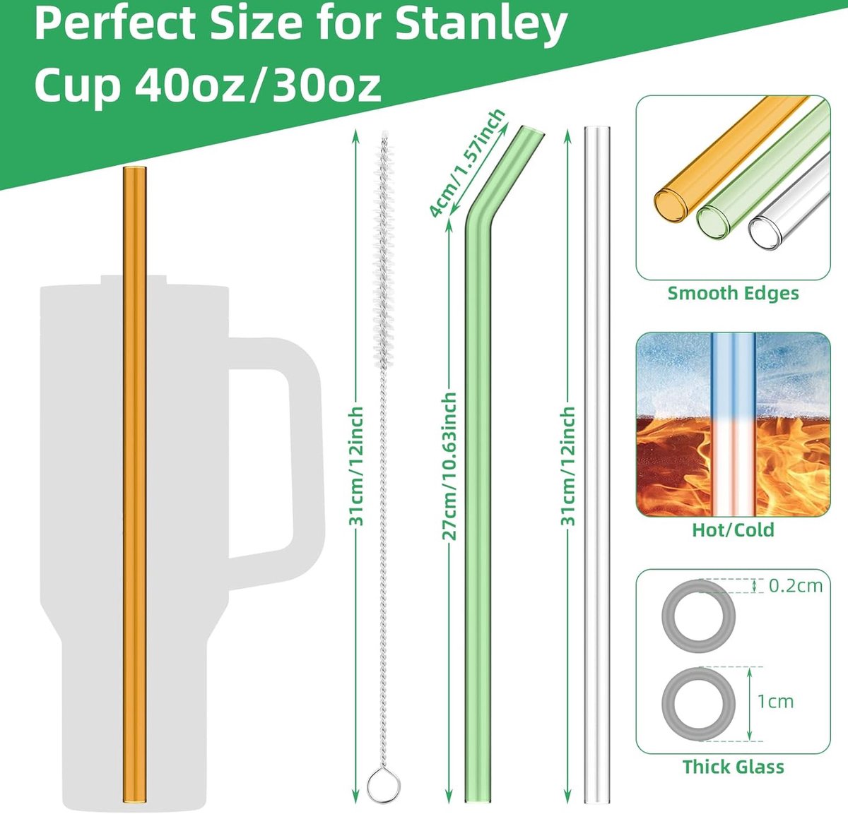 YIMETOP 6 stuks glazen rietjes lange 31 cm transparante vervangende rietjes voor Stanley Cups 100 ml, Adventure Quencher, herbruikbare rietjes met 2 reinigingsborstels