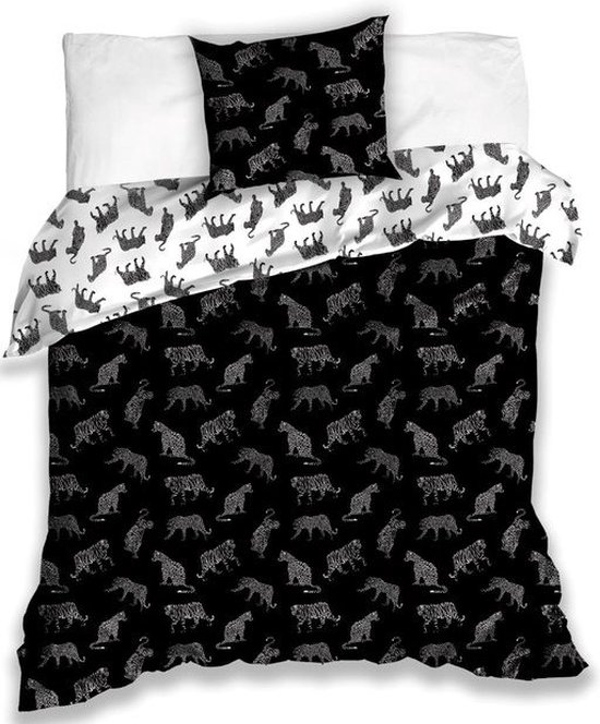 1-persoons dekbedovertrek (dekbed hoes) zwart – wit met luipaard / tijger / panter print KATOEN eenpersoons 140 x 200 cm (cadeau idee kinderkamer / slaapkamer)