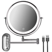 Goliving Make Up Spiegel Met Verlichting - Ø23 cm - 10x Vergroting - Dimbare Make-upspiegel - Scheerspiegel - LED Verlichting - USB-C Oplaadbaar - Dubbelzijdig - Chroom