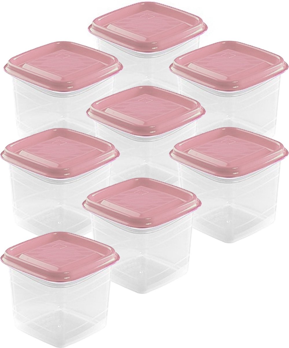 Hega hogar Vershoudbakjes set 8x stuks 0.7 liter transparant roze L11 x B11 x H12 cm Mealprep Maaltijden bewaren