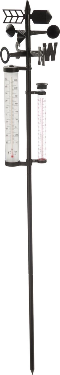 Cepewa tuin regenmeter/weerstation - op stok - 150 cm - metaal - thermometer/windrichting/neerslag - complete set
