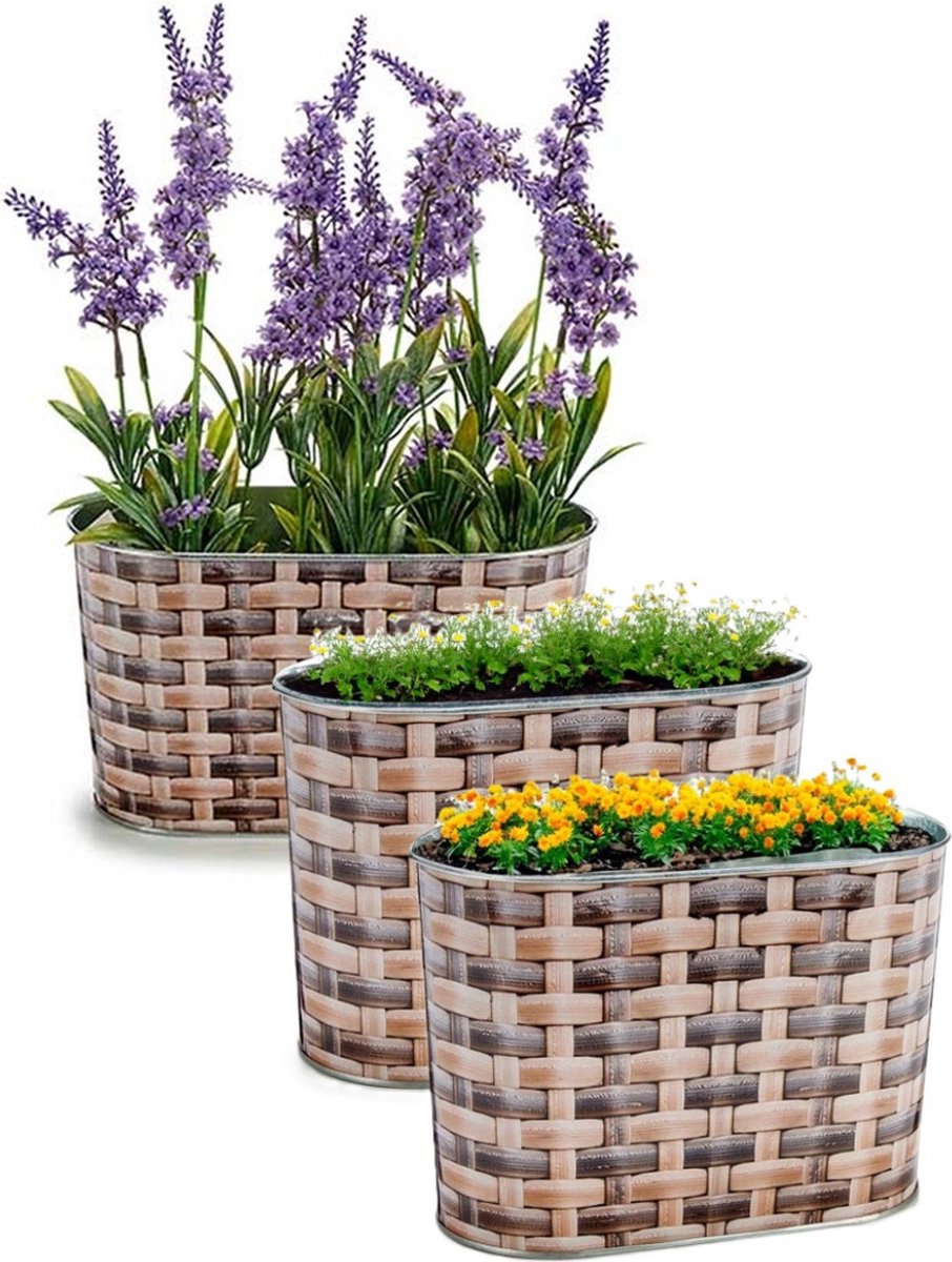 Arte r Plantenpot/bloempot teil- 3x - zink - bruin - L22,5 x D11,5 x H12 cm